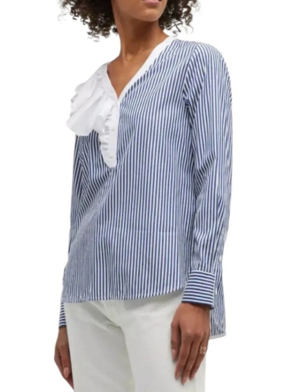 NWT Harshman Vivienne Striped Ruffle Long Sleeve Popover Tunic Blouse Large Blue